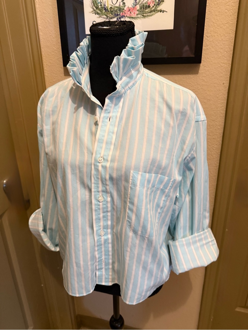 Burberry Men’s Upcycled Light Blue & White Striped Button-Up Shirt